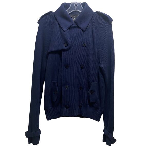 NWT Ralph Lauren Black Label Double Breasted Blue Silk Heavy Knit Sweater Sz XL - Picture 1 of 11